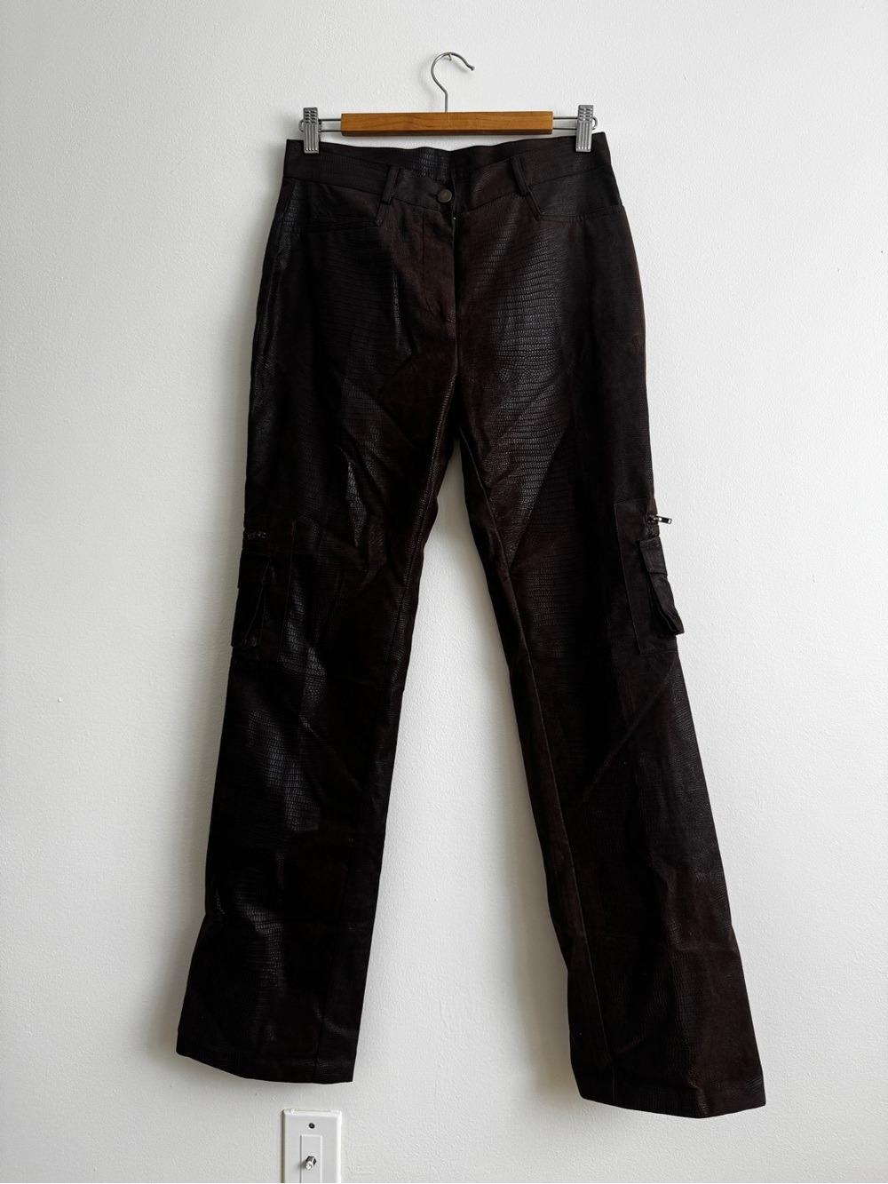 90s Vegan Leather Snakeskin Straight-Leg Cargo Pants - Dark Brown